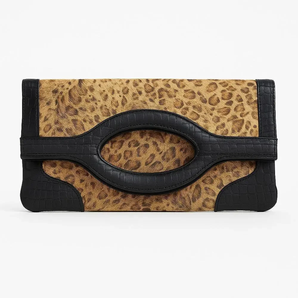 Donald J Pliner Couture Leopard Print Handbag Croc Embossed Leather Trim Italy